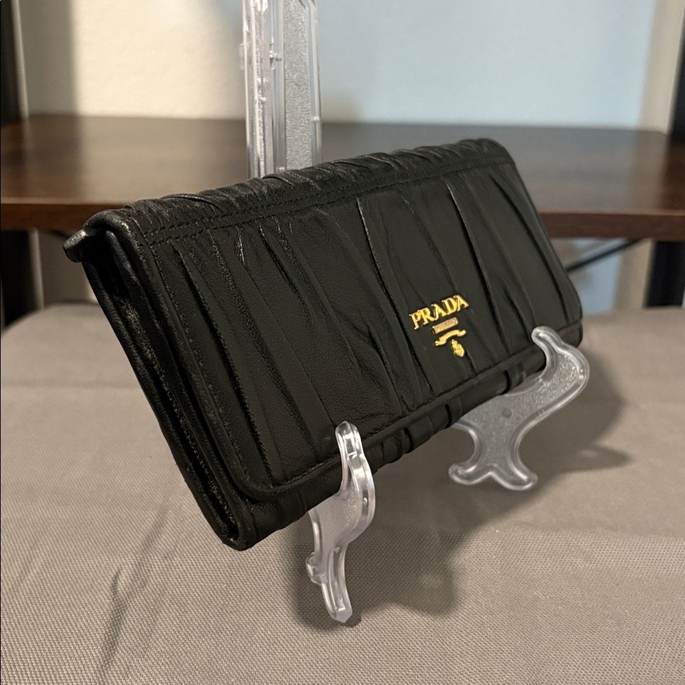 PRADA Ruched Black Long Leather Wallet - Picture 3 of 11